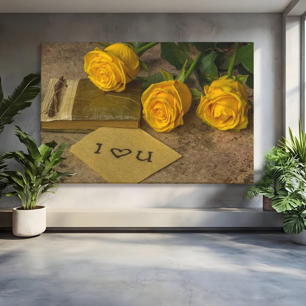 Tablou canvas cu tablou canvas cu trandafiri galbeni si jurnal, fara rama, pe sasiu de lemn